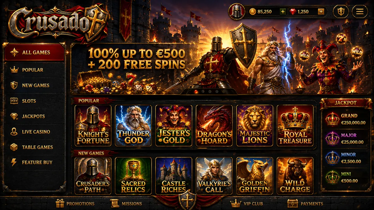 The Crusado casino lobby with slots, jackpots and live tables