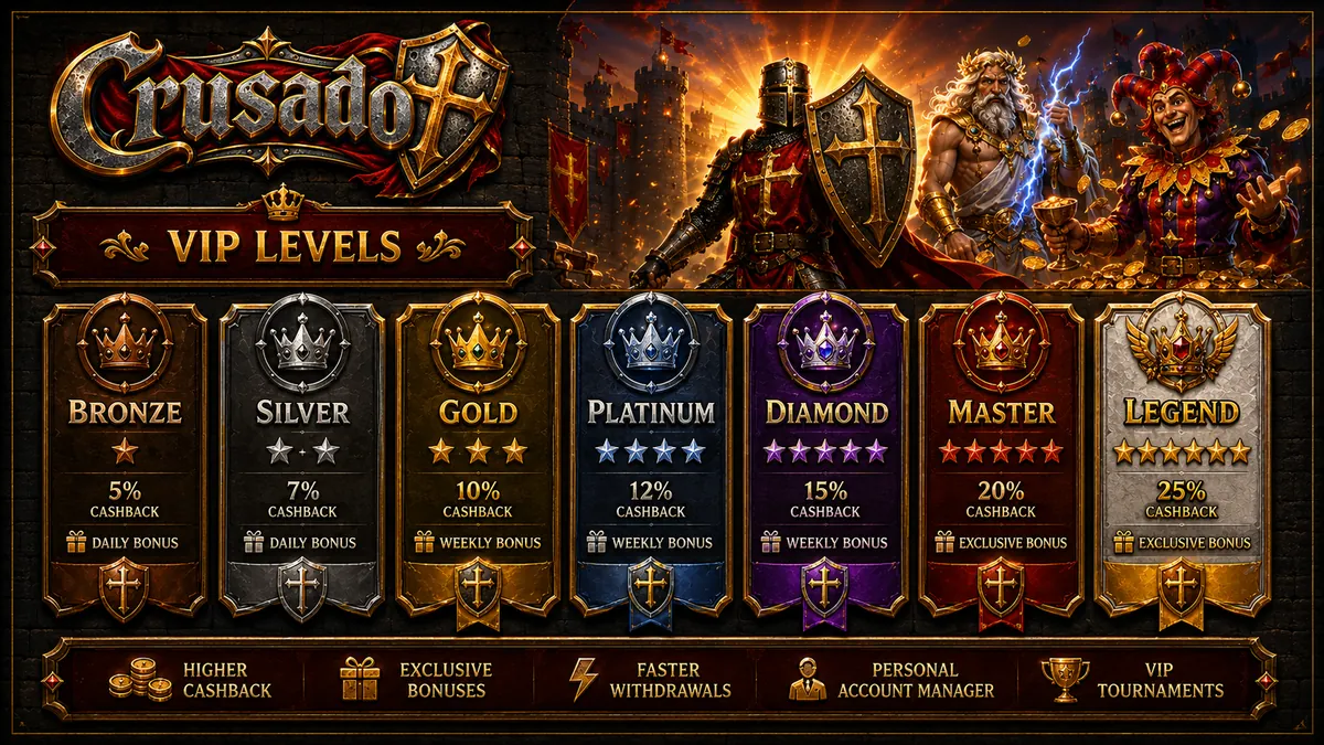 The seven Crusado VIP levels from Bronze to Legend with cashback rates